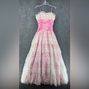VINTAGE 90’s Pink White Lace Tiered Prom Dress Size 11 Union Coquette Victorian